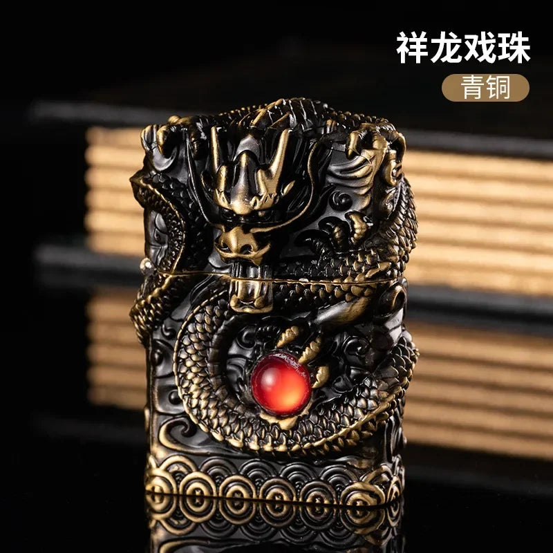 Heavy Craftsmanship Relief Grinding Wheel Open Flame Lighter Vintage Retro Three-dimensional Relief Metal Shell Men's Gift