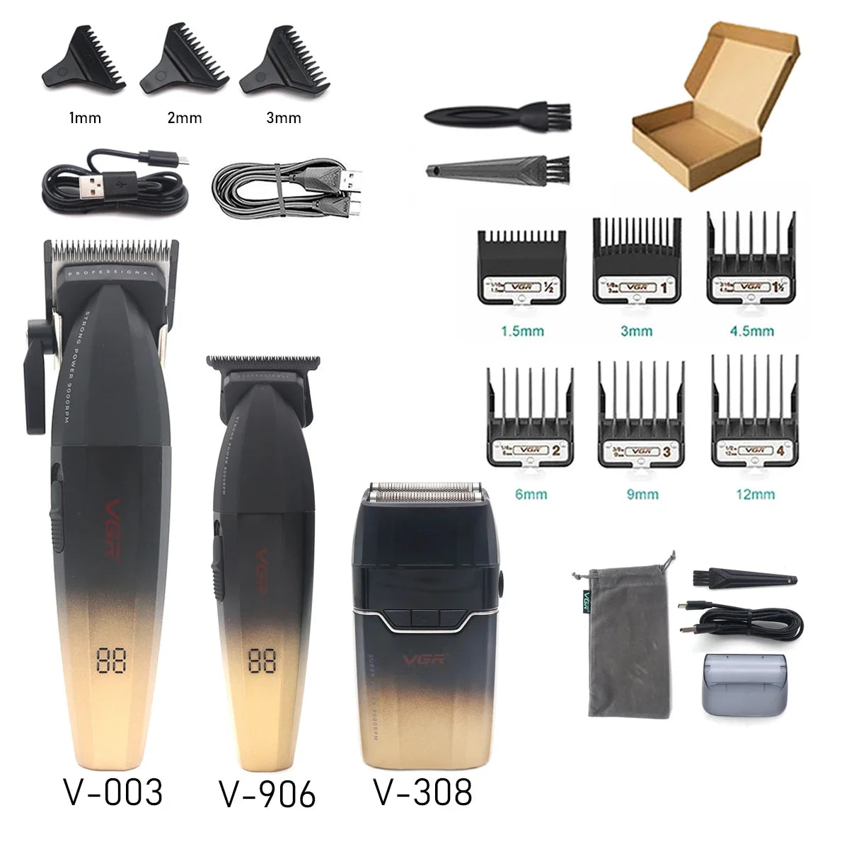VGR Professional Shaver with DLC Blades, Full Metal, USB Rechargeable, and LED Display for Men