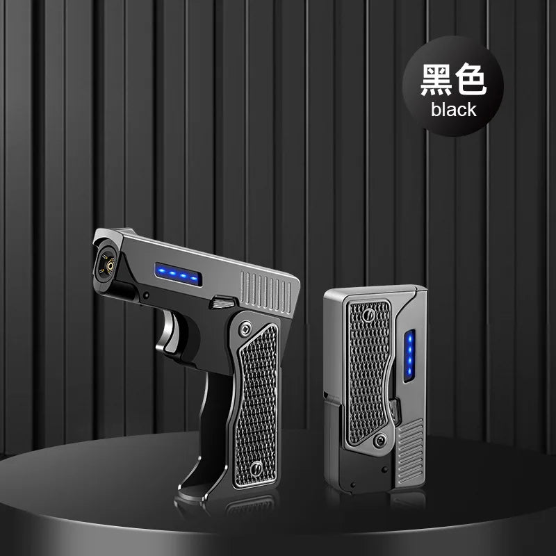 Creative Folding Gun Type Gas and Electric Lighter, USB Rechargeable, Windproof Direct Flush Lighter, Men's Cigarette Lighter