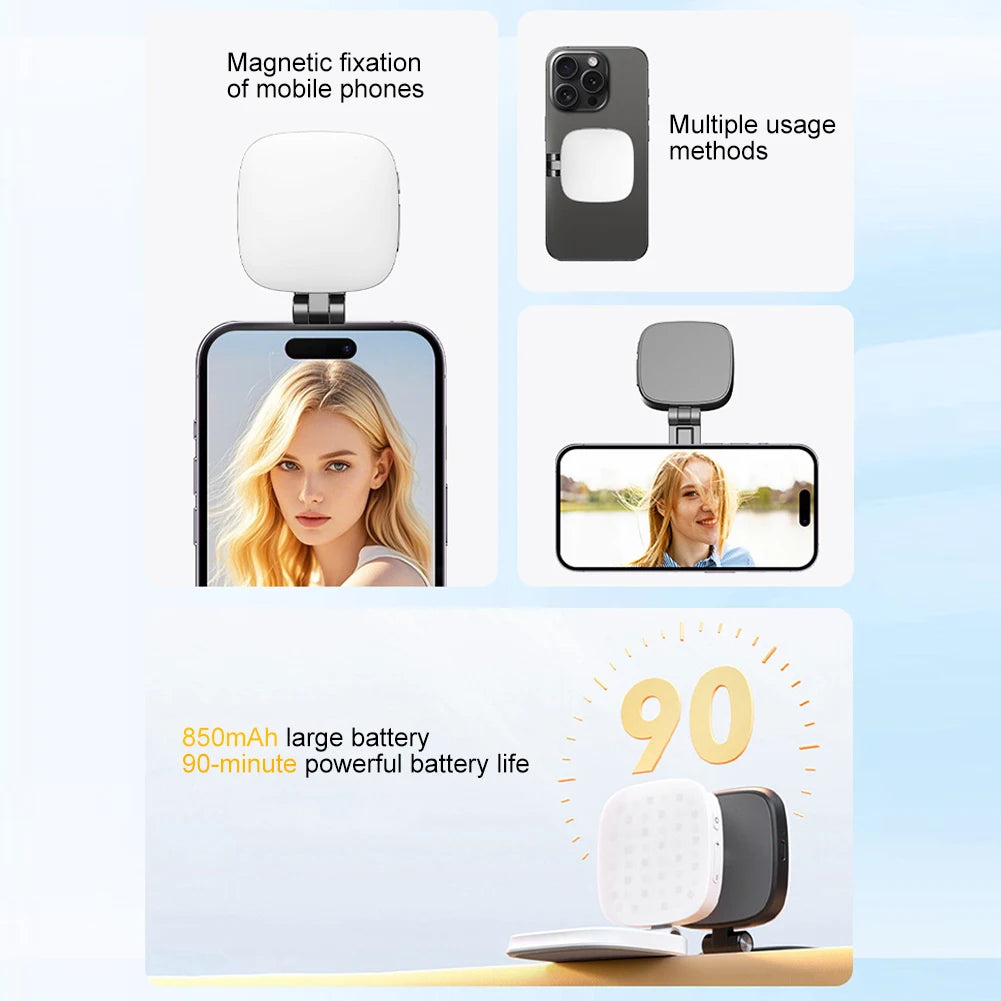 Magnetic Phone Selfie Light Mobile Phone Fill Light with Mirror Pocket Light Folding LED Phone Fill Light for Makeup Photography