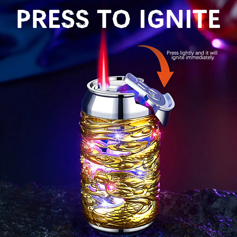 Windproof Straight Red Flame Butane Inflatable Lighter 3D Relief Dragons Lighter with Colorful Light