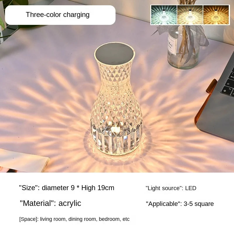 Crystal rechargeable vase table lamp, bedroom bedside lamp, creative diamond night light, dimmable bedside table ambient light