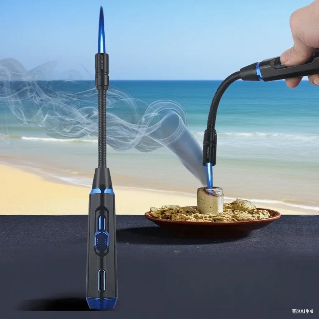 HONEST 720° Seamless Steel Hose Windproof Jet Blue Flame Butane Gas Lighter Visible Gas Window Outdoor BBQ Kitchen Cigar Lighter