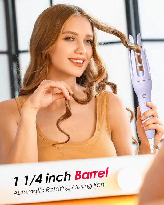 1.25 Inch Rotating Curling Iron for Effortless Waves and Beach Curls, Auto Hair Curler with 60M Ions Anti-Scald, Fast Heating fo