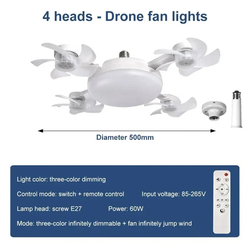 Socket Fan Lights with Remote Ceiling Fan with Light 3-Color Dimmable LED Ultra-Quiet Waterproof with Foldable for Bedroom Use