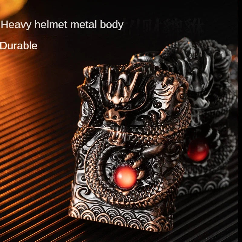 Heavy Craftsmanship Relief Grinding Wheel Open Flame Lighter Vintage Retro Three-dimensional Relief Metal Shell Men's Gift