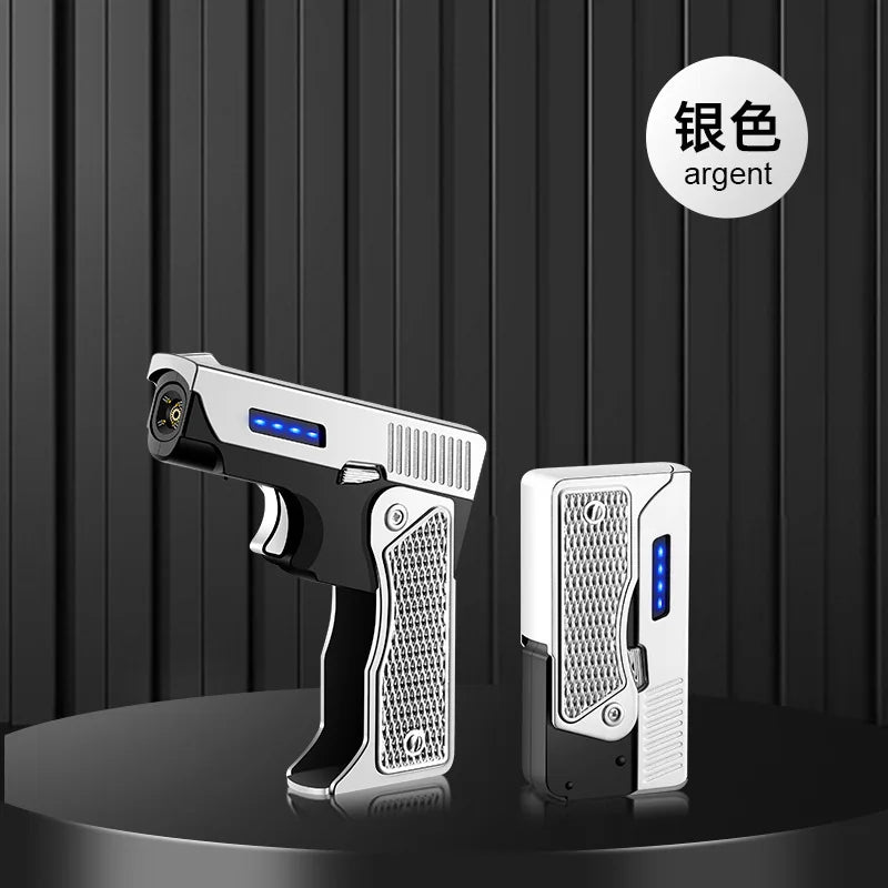 Creative Folding Gun Type Gas and Electric Lighter, USB Rechargeable, Windproof Direct Flush Lighter, Men's Cigarette Lighter