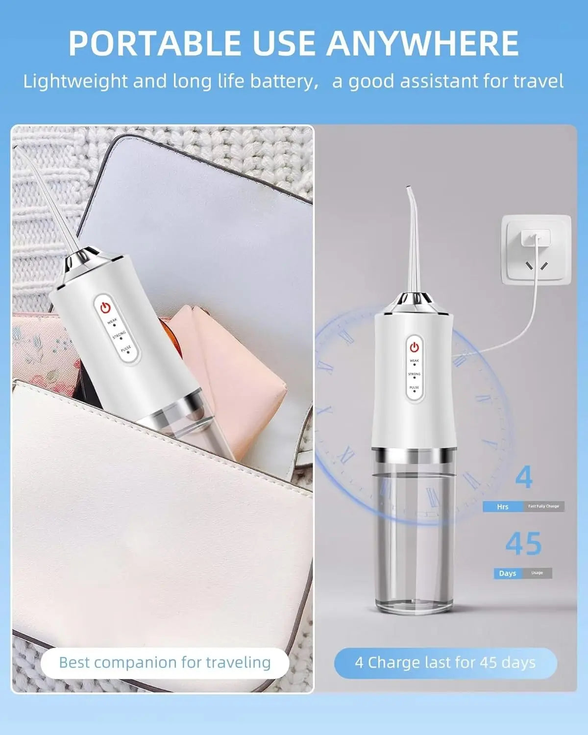 Water Dental Flosser Teeth Picks - 4 Jets 3 Modes Portable Cordless Water Flosser for Teeth Cleaner, IPX7 Waterproof Oral Irriga