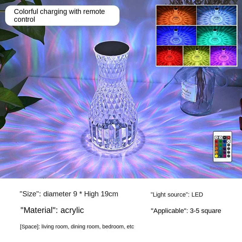 Crystal rechargeable vase table lamp, bedroom bedside lamp, creative diamond night light, dimmable bedside table ambient light