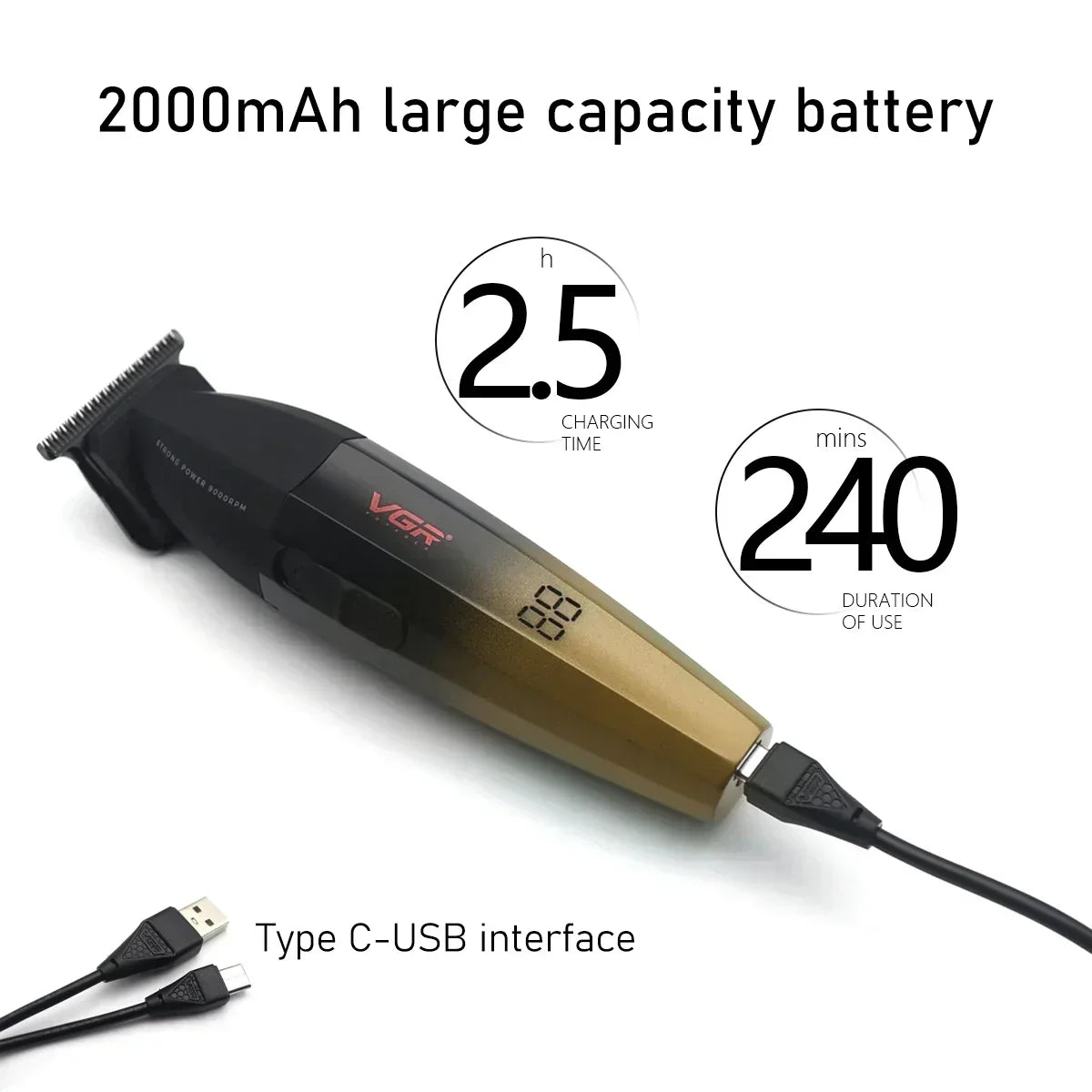 VGR Professional Shaver with DLC Blades, Full Metal, USB Rechargeable, and LED Display for Men