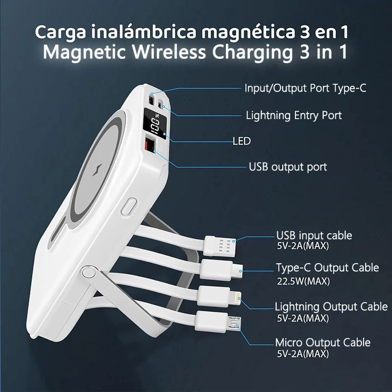 Power Bank 10000mAh, Fast Charging Portable Battery, with Stand and 4 Cables Wireless Magnetic Charger for iPhone 14/13/Pro/Mini