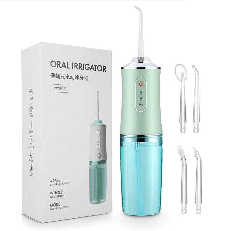 Oral Irrigator kit Portable Dental Water Flosser USB Rechargeable Water Jet Floss Tooth Pick 4 Tip 220ml 3 Modes IPX7 1400rpm