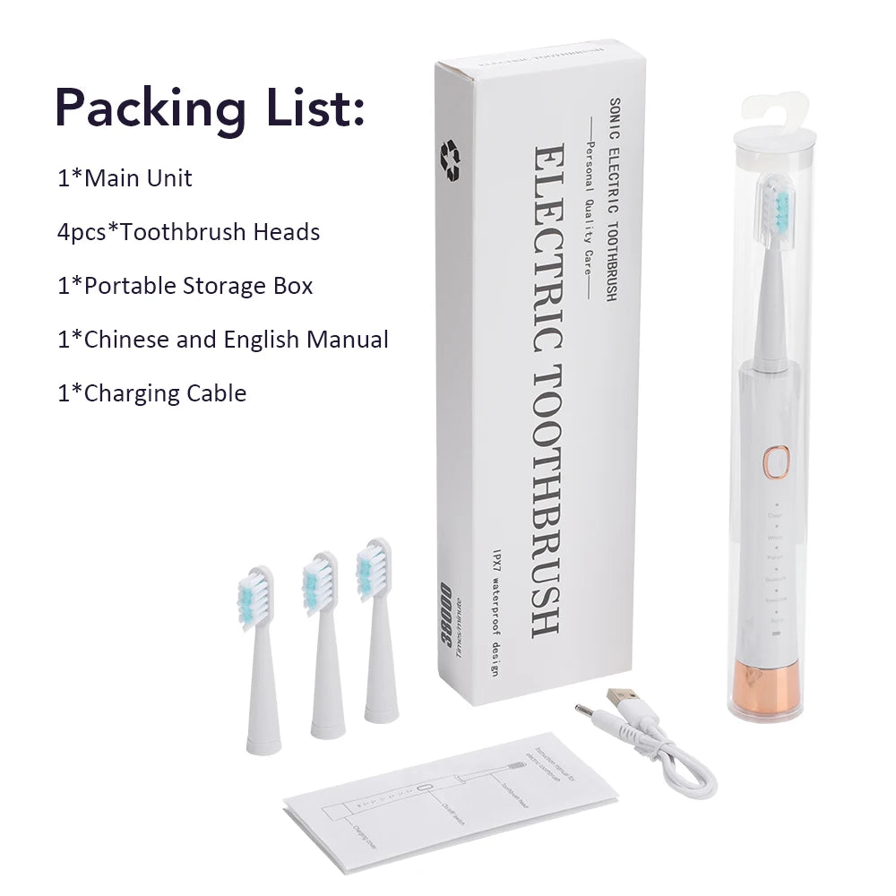Electric Toothbrush For Adults USB Rechargeable Sonic Toothbrush 6 Modes Cleaning Teeth Brush With 4PCS Replacement Heads IPX7