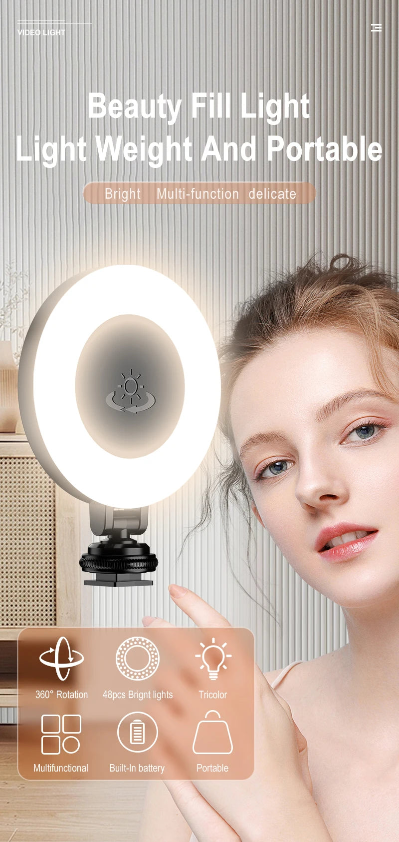 Portable Fill Light for Selfie Stick All Round Rotation Multi Ports for 1/4 Screw Cameras Magic Arm Live Broadcast Mobile Phone
