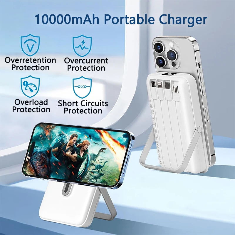 Power Bank 10000mAh, Fast Charging Portable Battery, with Stand and 4 Cables Wireless Magnetic Charger for iPhone 14/13/Pro/Mini