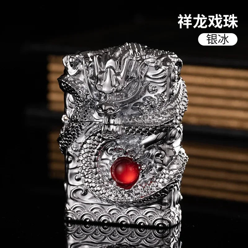 Heavy Craftsmanship Relief Grinding Wheel Open Flame Lighter Vintage Retro Three-dimensional Relief Metal Shell Men's Gift