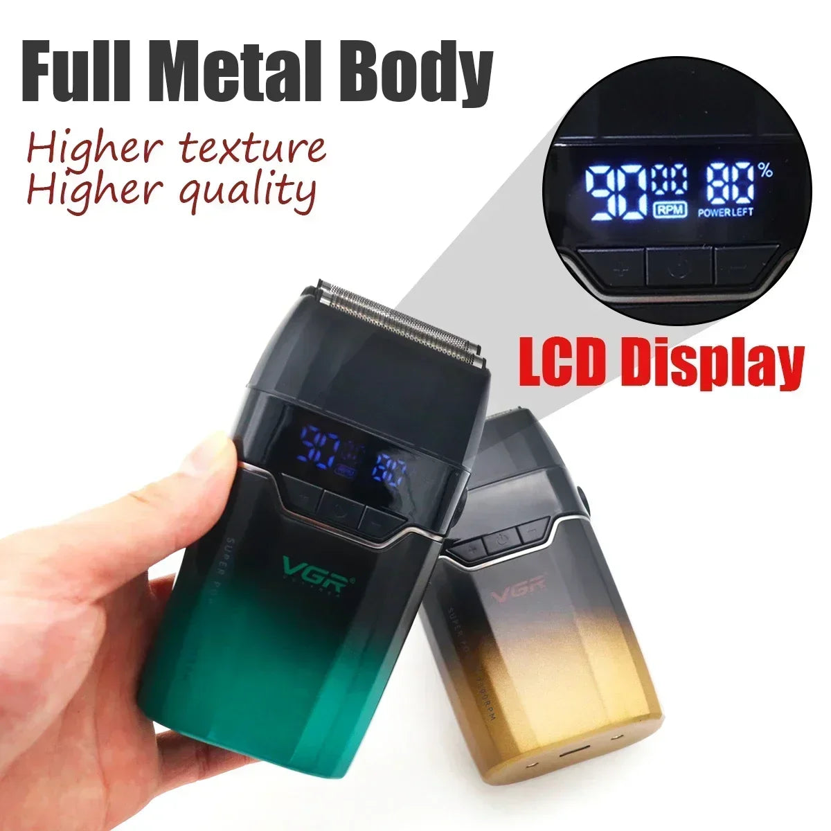 VGR Professional Shaver with DLC Blades, Full Metal, USB Rechargeable, and LED Display for Men