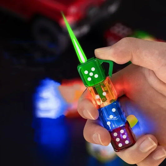New Creative Personality Flash Dice Punch Windproof Lighter Green Flame Gas Modeling Lighter Refillable Butane Gas Torch Lighter
