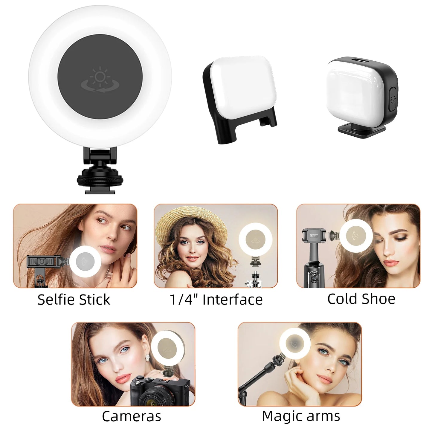 Portable Fill Light for Selfie Stick All Round Rotation Multi Ports for 1/4 Screw Cameras Magic Arm Live Broadcast Mobile Phone