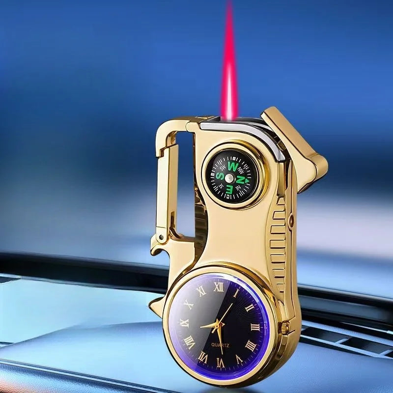 Outdoor Compass Keychain Inflatable Windproof Lighter Multi-function Watch Bottle Opener Red Flame Butane Lighters Survival Tool