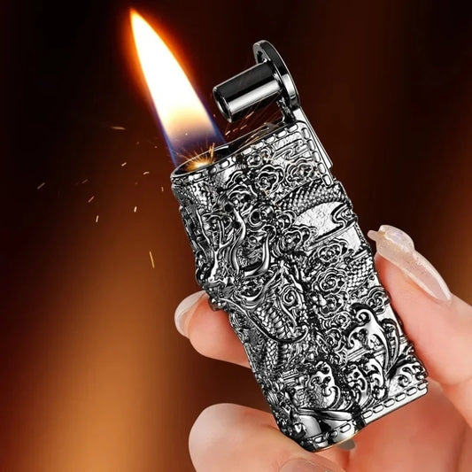 2025 Retro grinding wheel open flame lighter three-dimensional relief auspicious dragon lighter cigarette accessories men's gift