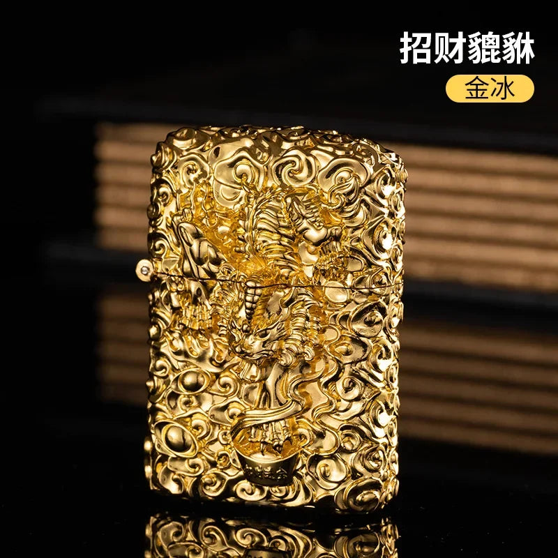 Heavy Craftsmanship Relief Grinding Wheel Open Flame Lighter Vintage Retro Three-dimensional Relief Metal Shell Men's Gift